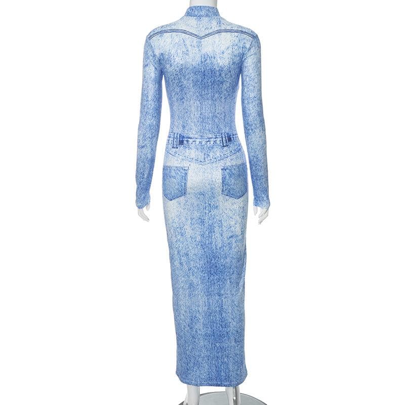 Mock Neck Faux Denim Acid Wash Print Long Sleeve Bodycon Maxi Dress