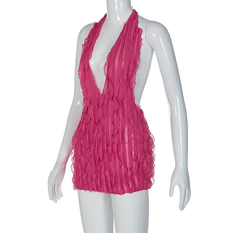 Halter Deep Plunge Vertical Ruffle Fringe Bodycon Mini Dress