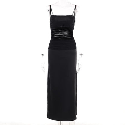 Square Neck Ruched Mesh Satin Panel Maxi Dress