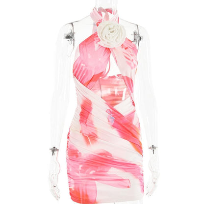 Halter Neck Flower Applique Cutout Cross Front Ruched Bodycon Mini Dress