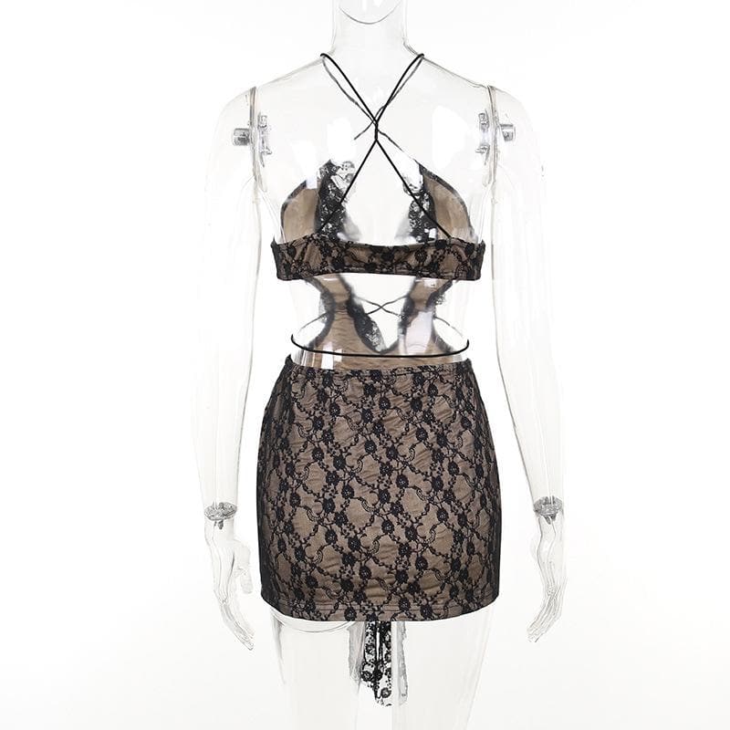 Lace Halter Cross Front Diamond Cutout Ruffle Mini Dress