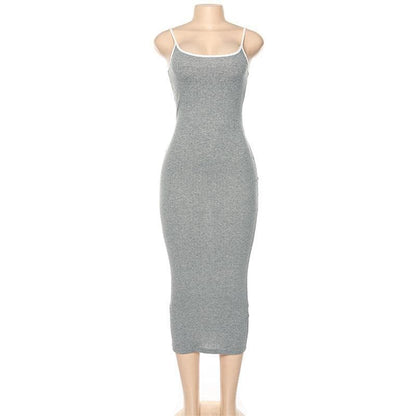 Ribbed Scoop Neck Contrast Trim Spaghetti Strap Midi Dress