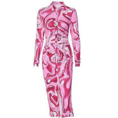 Marble Print Turnover Collar Button Through Ruched Midi Dress