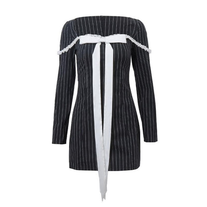 Square Neck Pinstripe Lace Trim Oversized Bow Long Sleeve Mini Dress