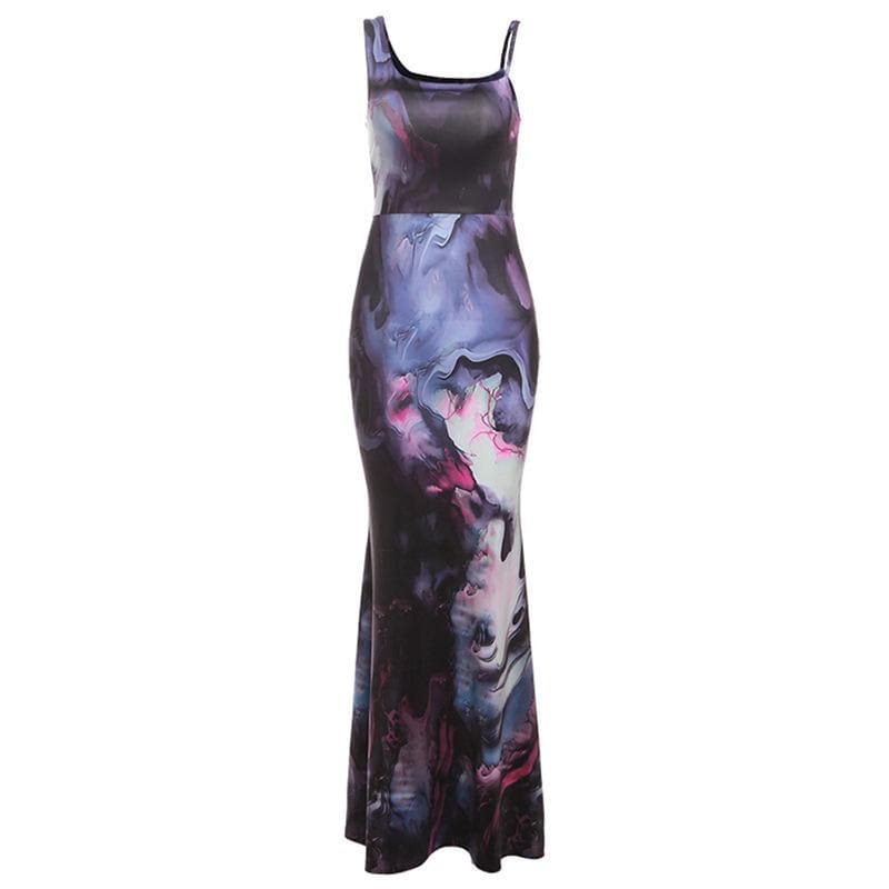 Square Neck Spaghetti Strap Abstract Marble Print Mermaid Maxi Dress