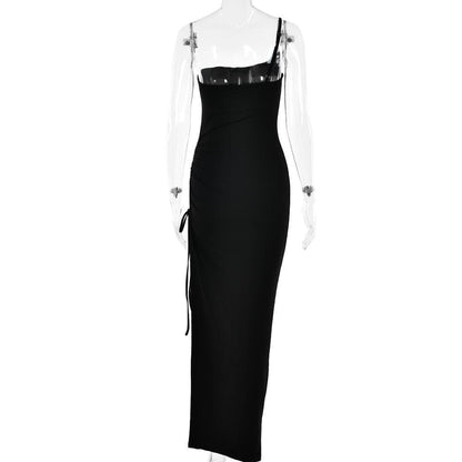 One Shoulder Side Ruched Drawstring High Slit Maxi Dress