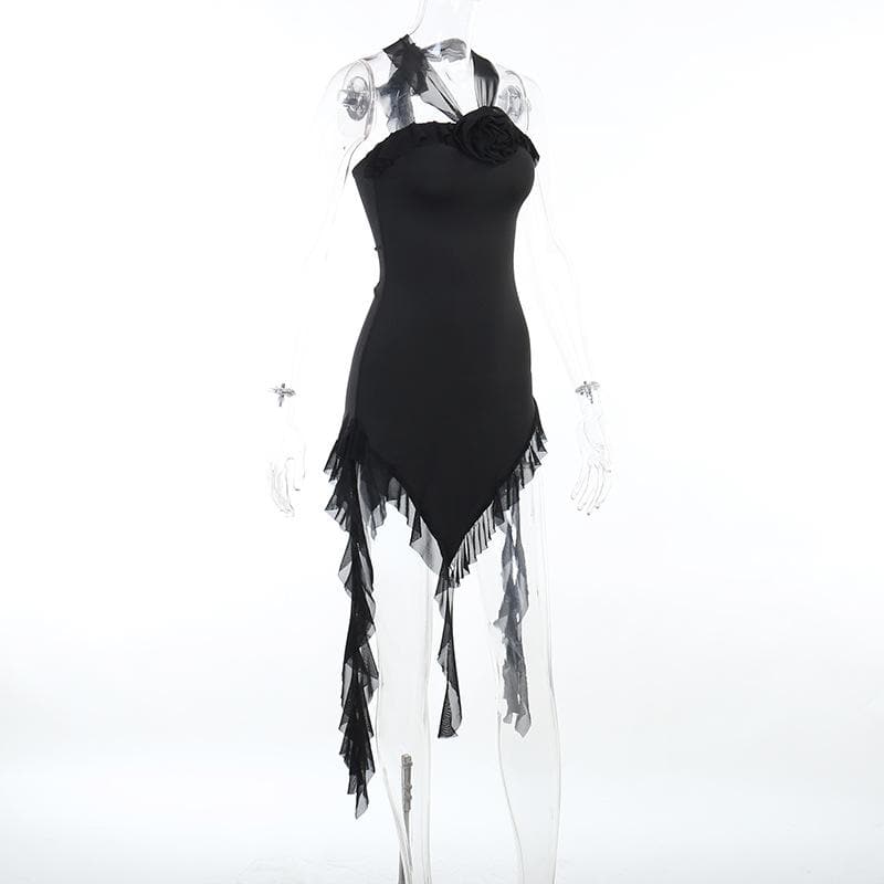 Strapless Ruffle Trim 3D Floral Applique Asymmetric Hem Backless Mini Dress