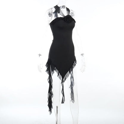 Strapless Ruffle Trim 3D Floral Applique Asymmetric Hem Backless Mini Dress