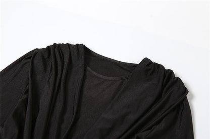 Deep V Twist Front Long Sleeve Ruched Metallic Side Slit Maxi Dress