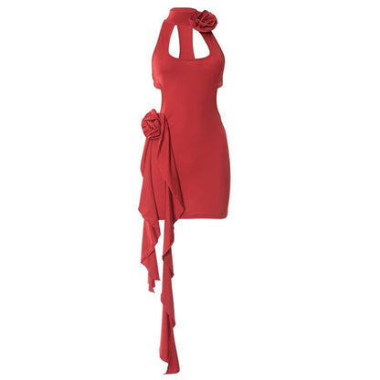 Halter Keyhole Neck Rosette Applique Cascading Ruffle Side Mini Dress
