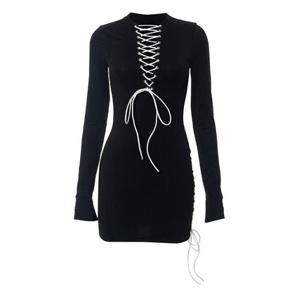 Crew Neck Lace-Up Contrast Panel Long Sleeve Mini Dress