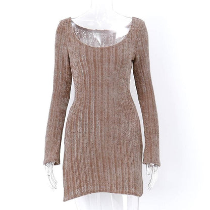 Ribbed Knit Scoop Neck Long Sleeve Bodycon Mini Dress