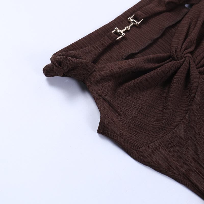 Off Shoulder Rib Knit Twist Knot Hardware Detail Bodycon Mini Dress