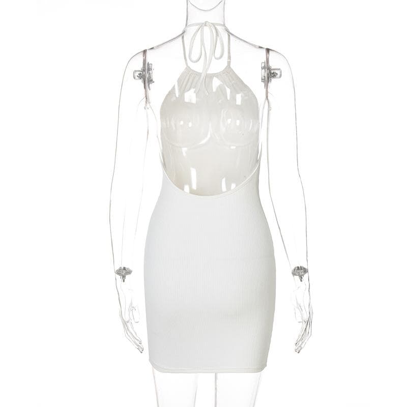 Ribbed Halter Neck Ruched Backless Drawstring Mini Dress