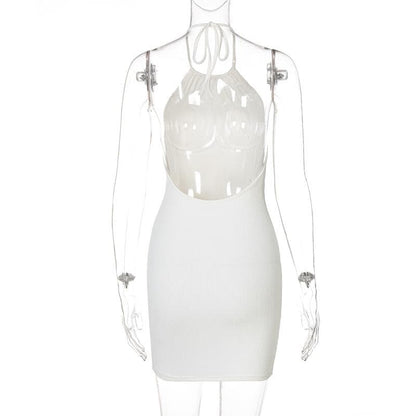 Ribbed Halter Neck Ruched Backless Drawstring Mini Dress