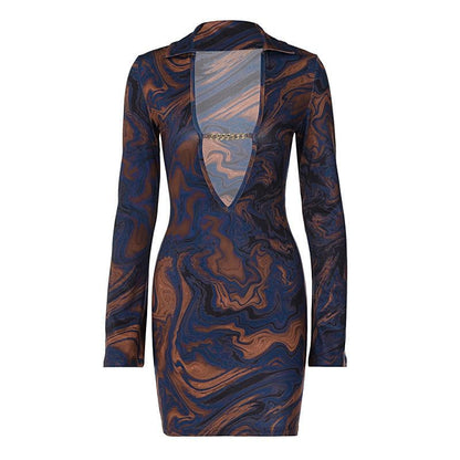 Pointed Collar Plunging V Neck Chain Link Marble Print Bodycon Mini Dress