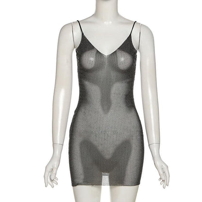 Rhinestone Mesh Deep V Spaghetti Strap Mini Dress