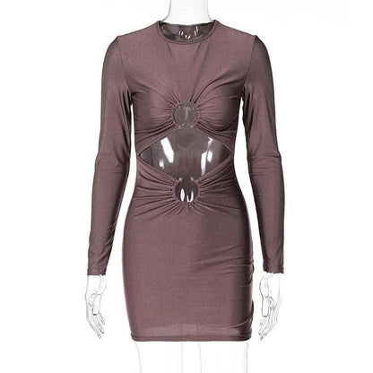 O-Ring Double Cutout Crew Neck Long Sleeve Ruched Bodycon Mini Dress