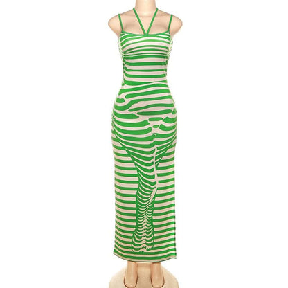 Striped Halter Tie Spaghetti Strap Bodycon Maxi Dress