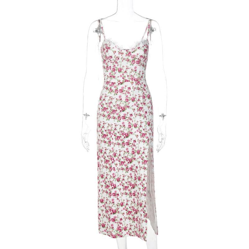 Sweetheart Neck Lace Trim Floral Print Side Slit Bodycon Midi Dress