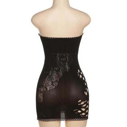 Fishnet Floral Lace Hollow Out Strapless Tube Mini Dress