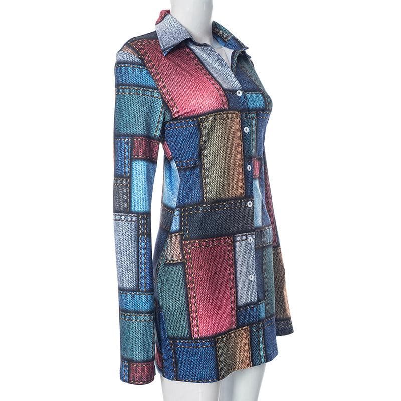 Collared Long Sleeve Button Front Denim Patchwork Mini Shirt Dress