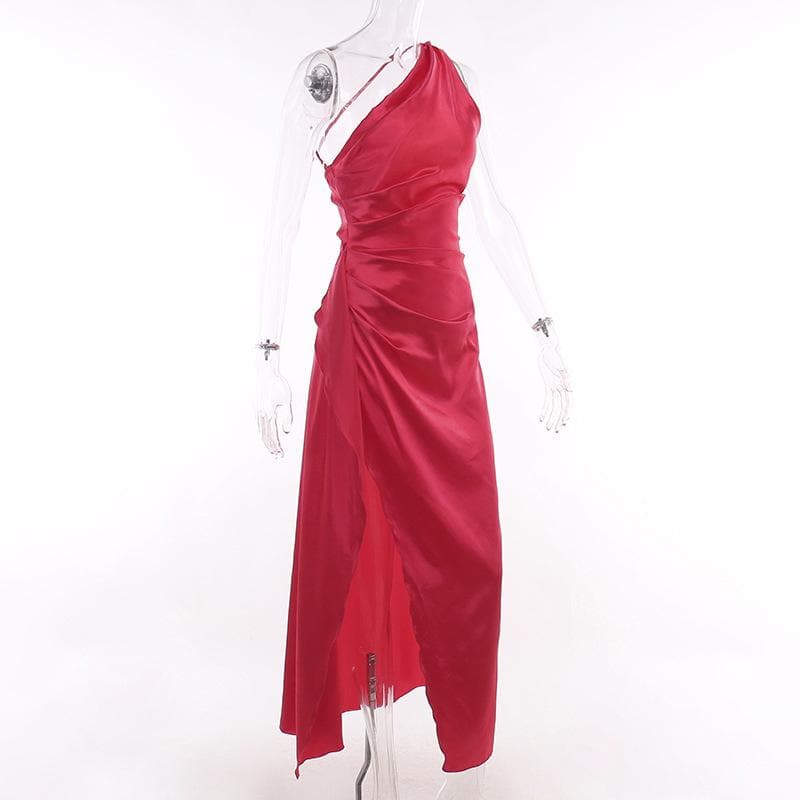 One Shoulder Satin Ruched Drape High Slit Maxi Dress
