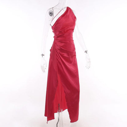 One Shoulder Satin Ruched Drape High Slit Maxi Dress