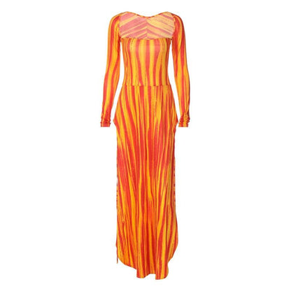Wavy Stripe Panel Detail Square Neck Long Sleeve Maxi Dress