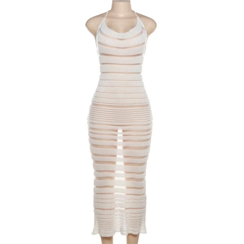 Halter Tie Neck Sheer Stripe Crochet Knit Bodycon Maxi Dress