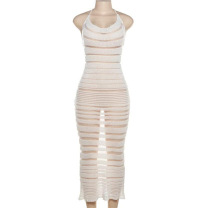 Halter Tie Neck Sheer Stripe Crochet Knit Bodycon Maxi Dress