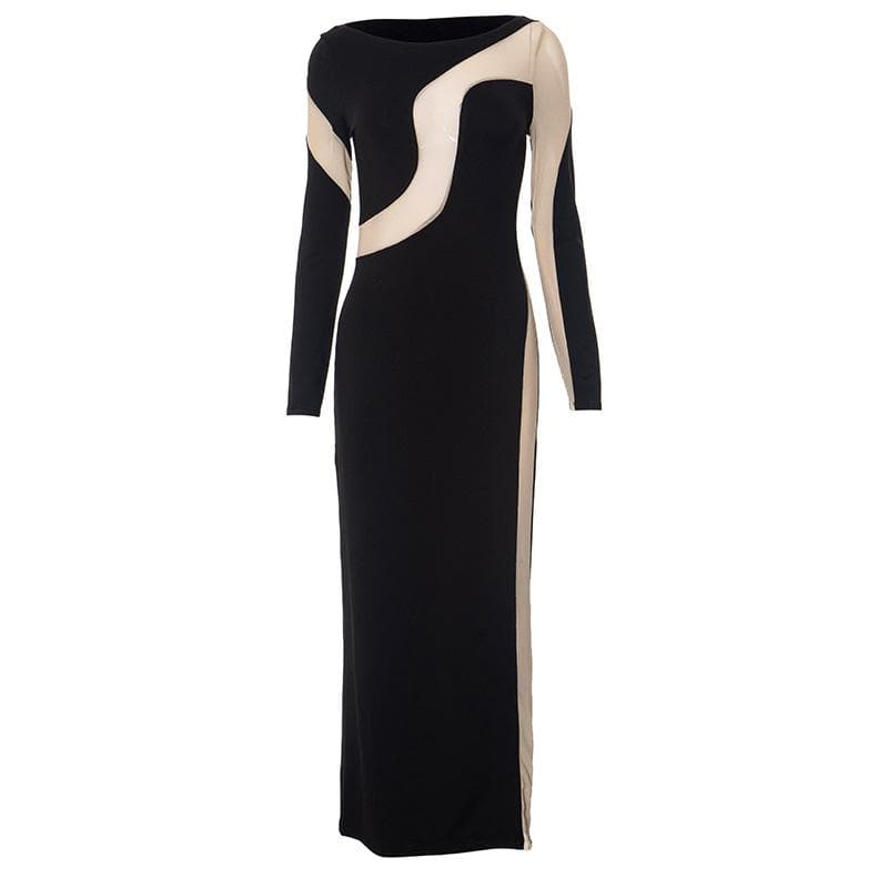 Boat Neck Long Sleeve Abstract Swirl Contrast Panel Bodycon Maxi Dress