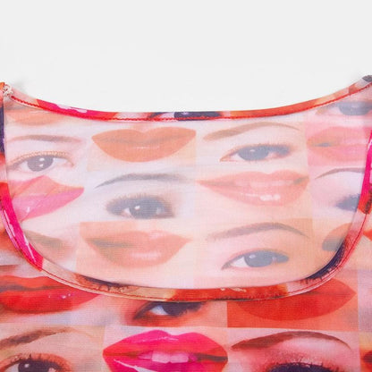 Scoop Neck Face Collage Graphic Sheer Mesh Long Sleeve Midi Dress