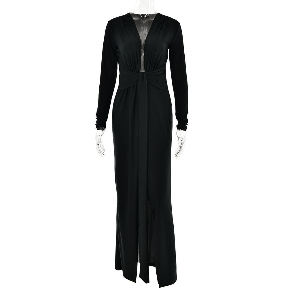 Long Sleeve Deep V Neck Knot Waist Ruched Gathered Maxi Dress