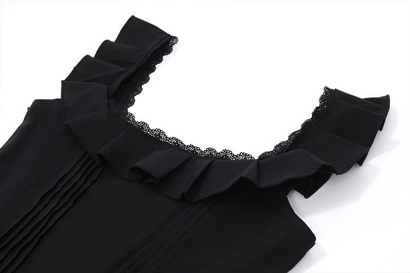 Square Neck Ruffle Strap Pintuck Pleated Lace Hem Fit and Flare Mini Dress