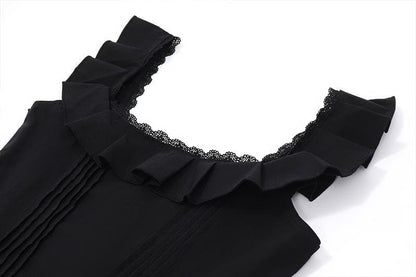 Square Neck Ruffle Strap Pintuck Pleated Lace Hem Fit and Flare Mini Dress