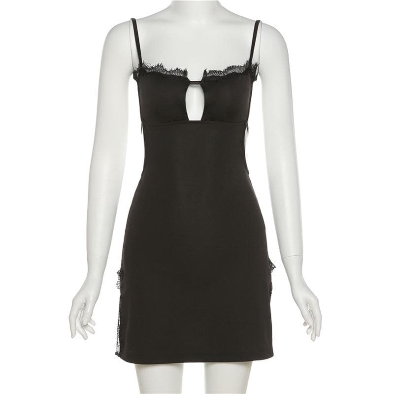 Lace Trim Sweetheart Keyhole Side Slit Backless Cami Mini Dress