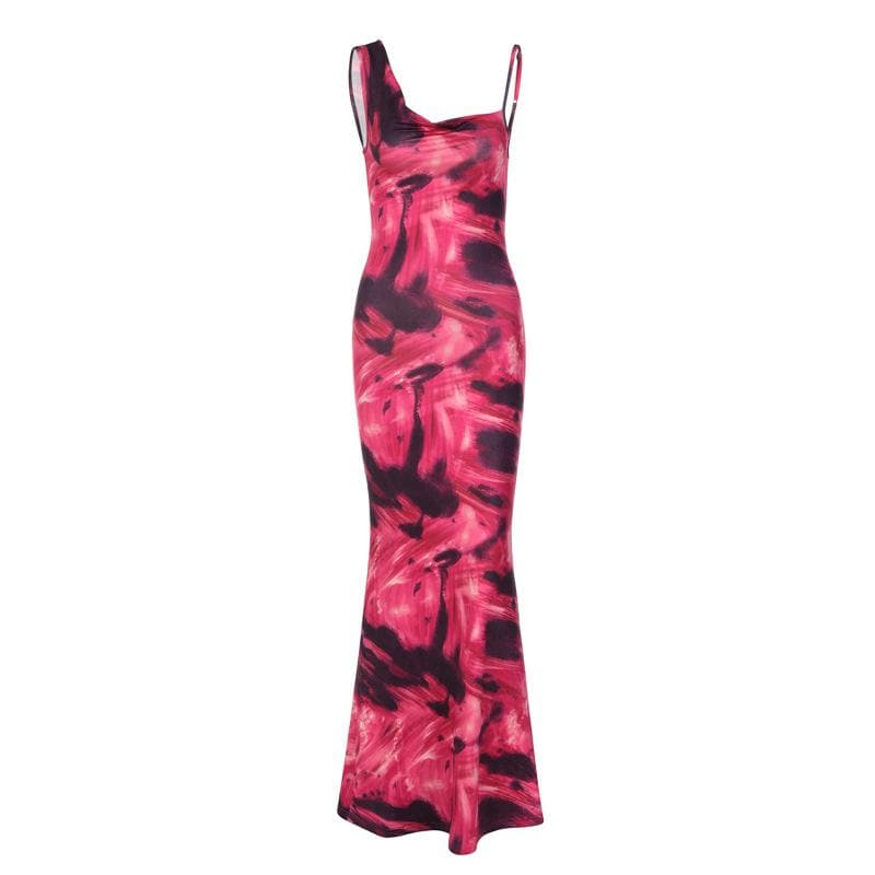 Asymmetrical Strap Abstract Marble Print Ruched Mermaid Maxi Dress