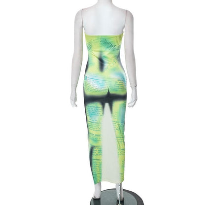 Newspaper Print Strapless Trompe L Oeil Bodycon Maxi Dress