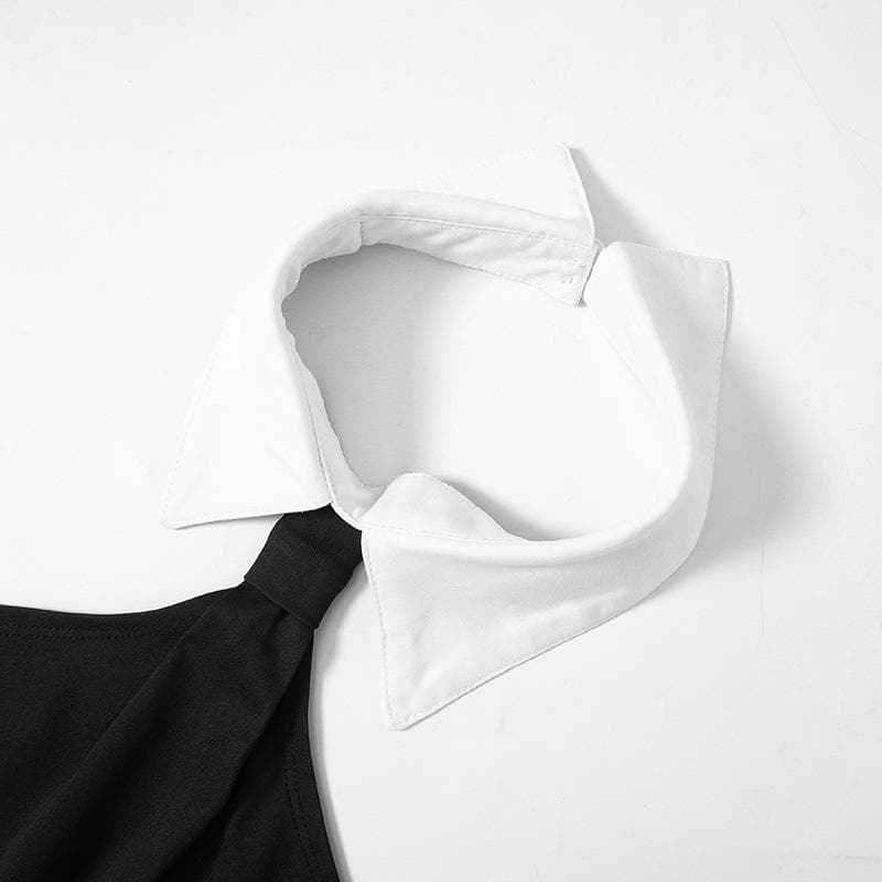 Halter Neck Contrast Shirt Collar Necktie Knot Sleeveless Bodycon Mini Dress