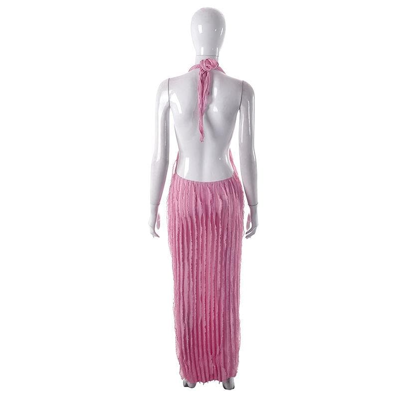 Halter Deep Plunge U Neck Vertical Ruffle Mesh Bodycon Maxi Dress