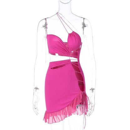 One Shoulder Lace Up Side Cutout Ruffle Hem Mini Dress