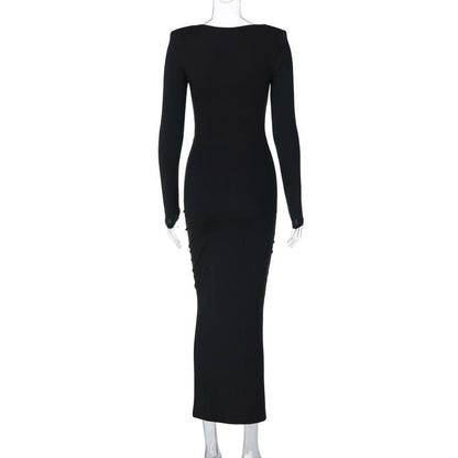 Deep V Neck 3D Rosette Applique Midriff Cutout Ruched Long Sleeve Maxi Dress