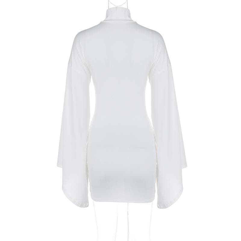 Mock Neck Ruched Waist Metal Buckle Angel Sleeve Bodycon Mini Dress