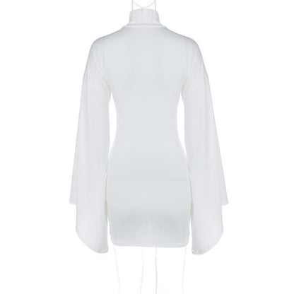 Mock Neck Ruched Waist Metal Buckle Angel Sleeve Bodycon Mini Dress
