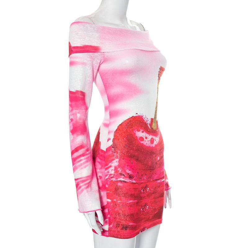 Off Shoulder Long Sleeve Graphic Tie Dye Bodycon Mini Dress