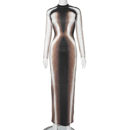 Mock Neck Long Sleeve Abstract Airbrush Print Bodycon Maxi Dress