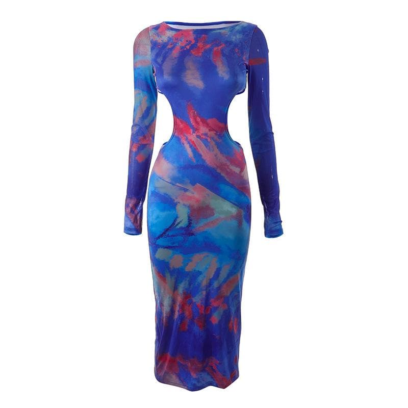 Abstract Watercolor Print Side Cutout Thumbhole Cuff Maxi Dress