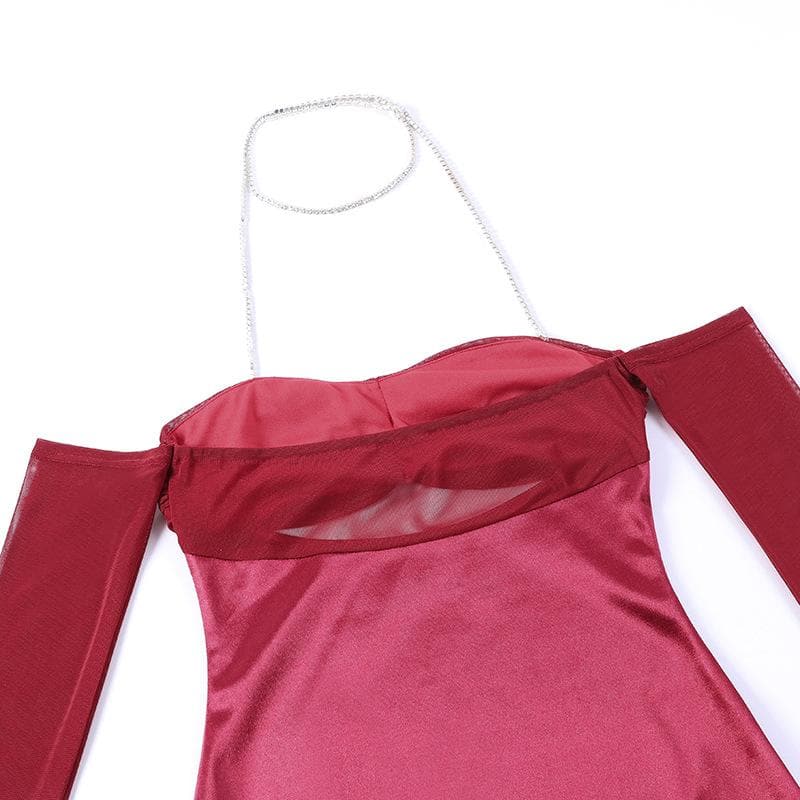 Mesh Ruched Halter Chain Neck Cutout Mini Dress with Detached Sleeves Set