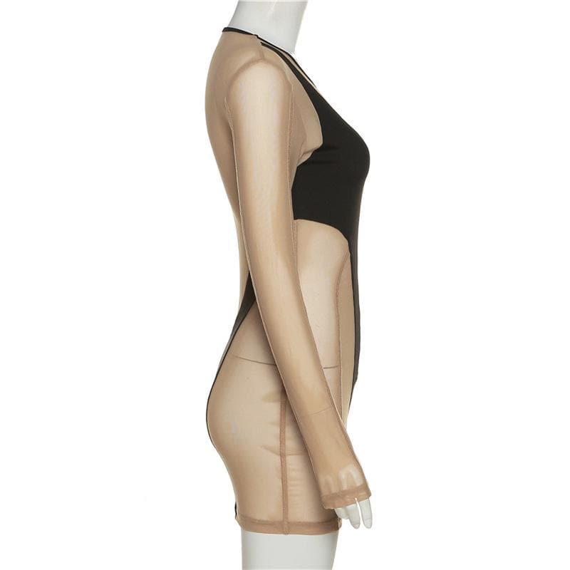 Round Neck Contrast Mesh Panel Long Sleeve Bodycon Mini Dress